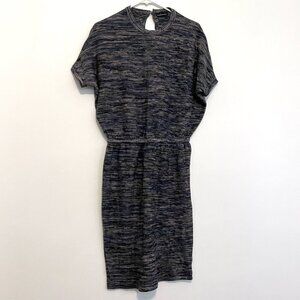 MODA INTERNATIONAL Blue Cream Short Sleeve Cotton CASHMERE Midi Sweater Dress S